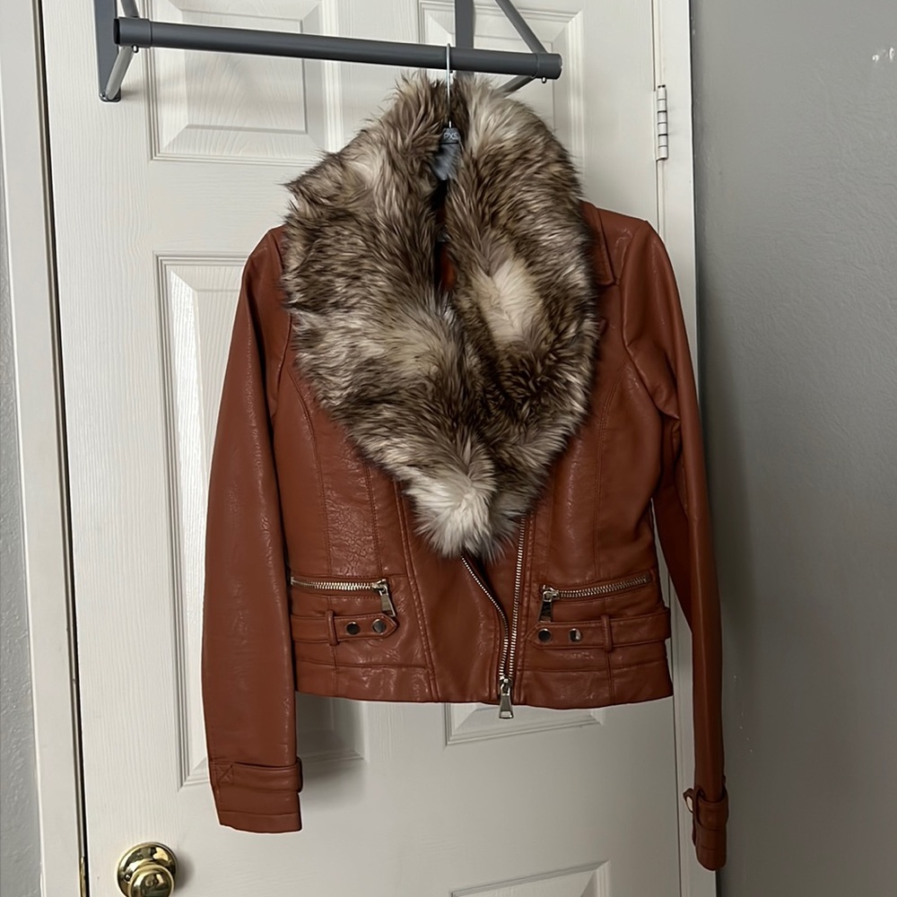 Tan leather jacket with fur collar